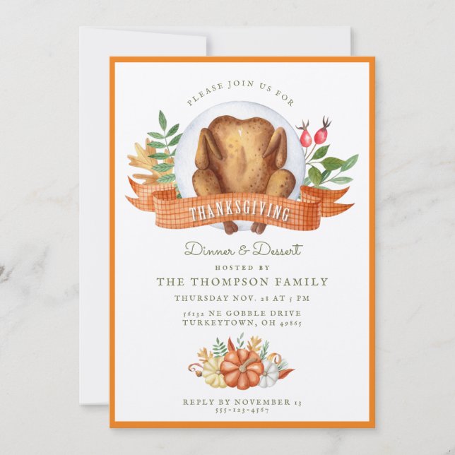 Thanksgiving Vattenfärg Turkiet Middagsinbjudan Inbjudningar (Framsida)