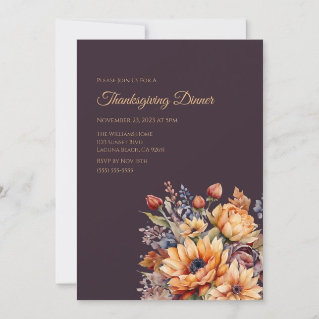 Thanksgiving-vattenfärgsblommor-Lila- Inbjudningar (Framsida)