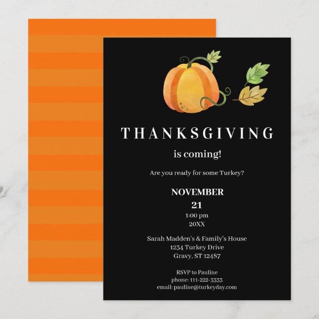 Thanksgiving Vattenfärgspumpkin-Black2 Inbjudningar (Fram/baksida)