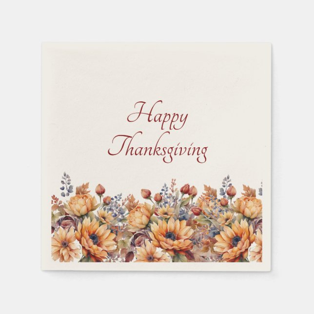 Thanksgiving-vattenfärgspumpkin och Flowers- Pappersservett (Framsidan)