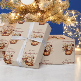 Thanksgiving-vattenfärgspumpkin och Flowers- Presentpapper