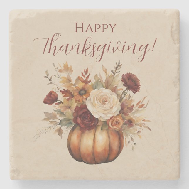 Thanksgiving-vattenfärgspumpkin och Flowers- Stenunderlägg (Framsidan)