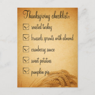 Thanksgiving Vete Food Checklist vycard Helg Vykort