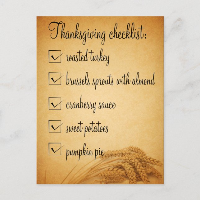 Thanksgiving Vete Food Checklist vycard Helg Vykort (Framsida)
