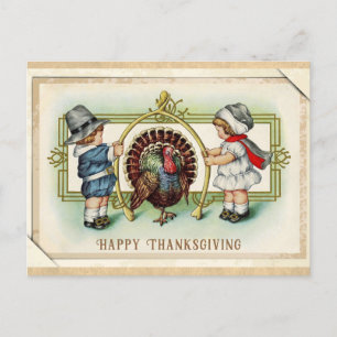 Thanksgiving Vintage Cute Kids Turkey Wishbone Vykort