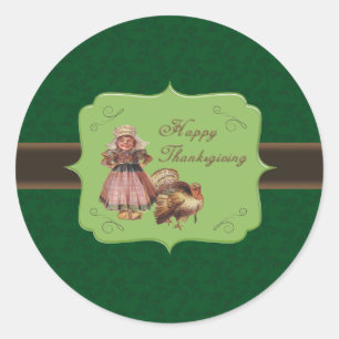 Thanksgiving Vintage Pilgrim Girl Runt Klistermärke