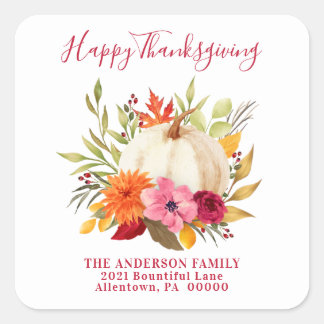 THANKSGIVING WATERCOLOR BLOMMIGT PUMPKIN ADRESS FYRKANTIGT KLISTERMÄRKE
