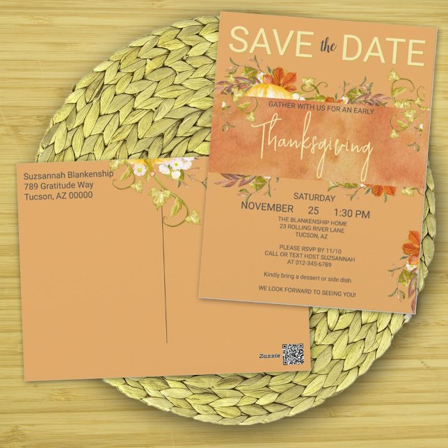 Thanksgiving Watercolor Rustic Grey & Löv Vykort (Make the Thanksgiving gathering announcement & invitation on one postcard that you personalize. )