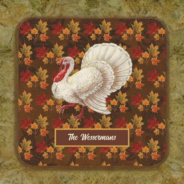 Thanksgiving White Turkey Höst löv Monogram Underlägg Papper Kvadrat (Skapare uppladdad)