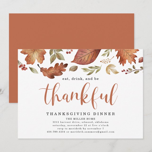 Thanksgivingen Ät, Drick och Var tacksamma Löv Inbjudningar (Fram/baksida)