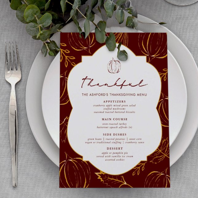 Thanksgivingen Burgundy Thankful Pumpkins & Lövs Meny (Skapare uppladdad)