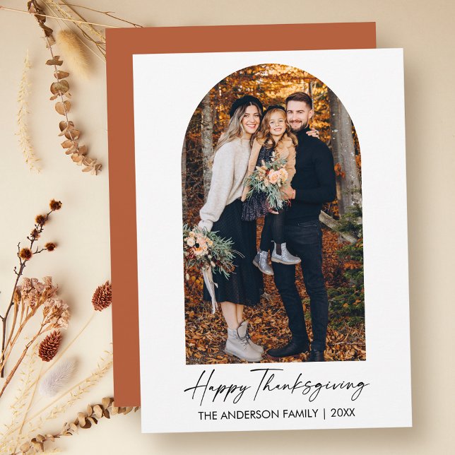 Thanksgivingen Calligraphy Bläck Script Photo Arch Julkort (Customize to change your personalized text size, style or to change color of back of card.)