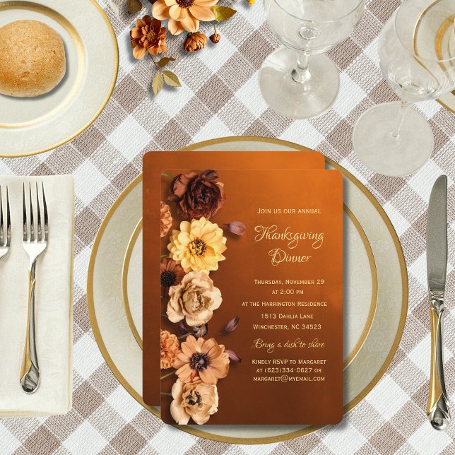 Thanksgivingen Copper Burnt Orange Dahlia Inbjudningar (Autumnal Dahlia Thanksgiving Dinner Invitation )
