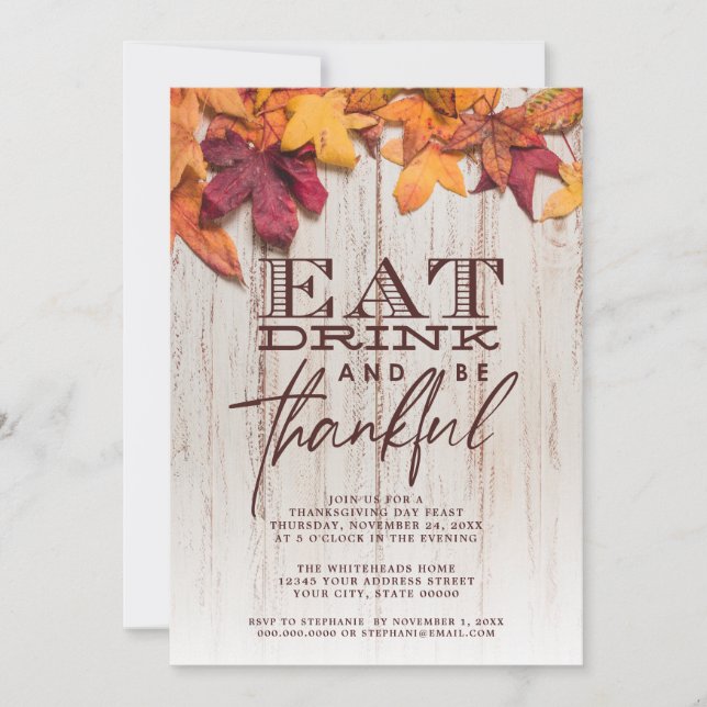 Thanksgivingen Eat Drink Thankful Rustic Wood Löv  Inbjudningar (Framsida)