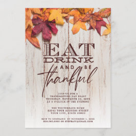 Thanksgivingen Eat Drink Thankful Rustic Wood Löv  Inbjudningar