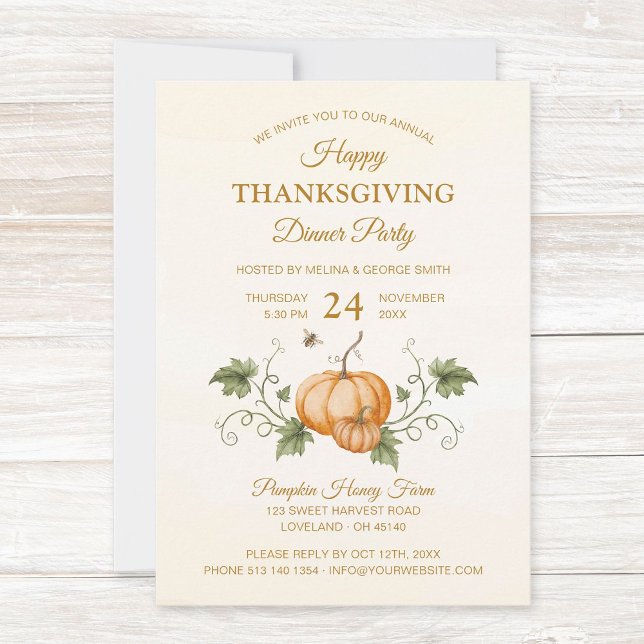 Thanksgivingen elegant Vattenfärgspumpor och Bes Inbjudningar (Elegant watercolor Happy Thanksgiving invitation with handdrawn pumpkins, leaves. Back with QR code.)