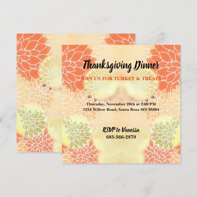 Thanksgivingen Fall Blommigt för elegantens Orange Inbjudningar (Fram/baksida)