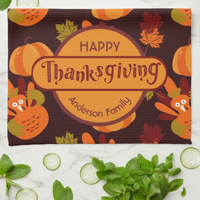 Thanksgivingen Family Turkey Pumpkin Höst löv Kökshandduk (Vikta)