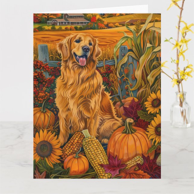 Thanksgivingen för höstskörd i Hund Golden Retriev Kort (Gul blomma)