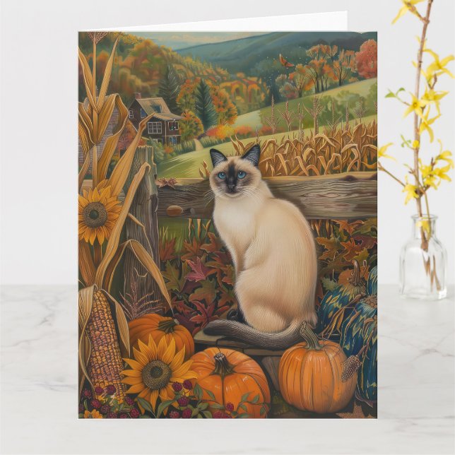Thanksgivingen för marktvätt i Siamese Cat Autumn  Kort (Gul blomma)