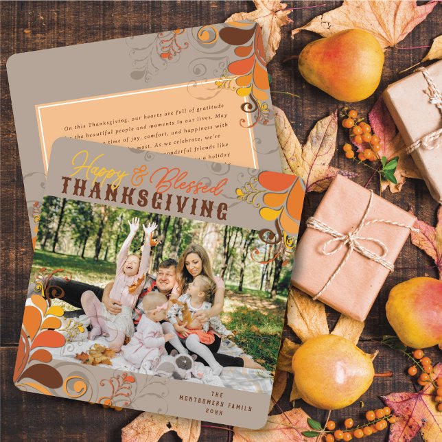 Thanksgivingen Foto för höstfällning - Löv - Swirl Julkort (Fall Deco Floral Swirls Thanksgiving Photo Holiday Card)