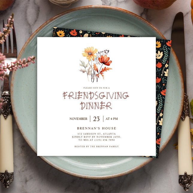 Thanksgivingen Friendsgiving-middag för blomma Inbjudningar (Floral Modern Friendsgiving Dinner Invitation)