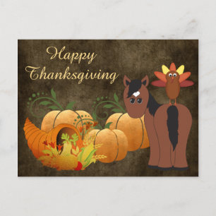 Thanksgivingen Guld Fall Cute Brown Horse och Turk Helg Vykort