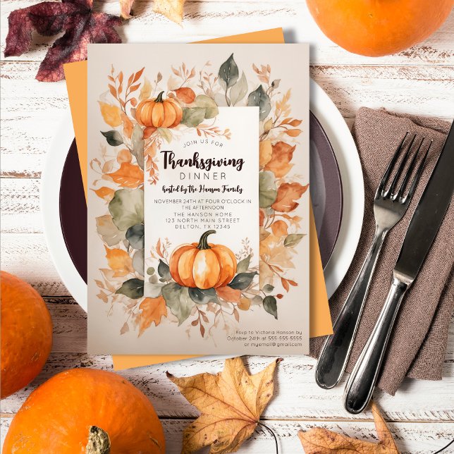 Thanksgivingen Harvest Pumpkins Watercolor Löv Inbjudningar (Skapare uppladdad)