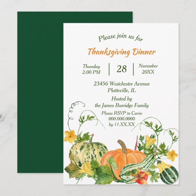 Thanksgivingen Pumpkin och Squash Bounty Inbjudningar (Fram/baksida)