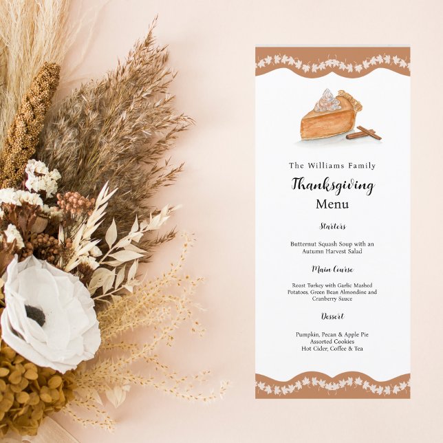 Thanksgivingen Watercolor Pumpkin Paj Maple Löv Meny (Harvest Elegance: Savor Autumn's Bounty with Our Watercolor Pumpkin Pie Menu!)