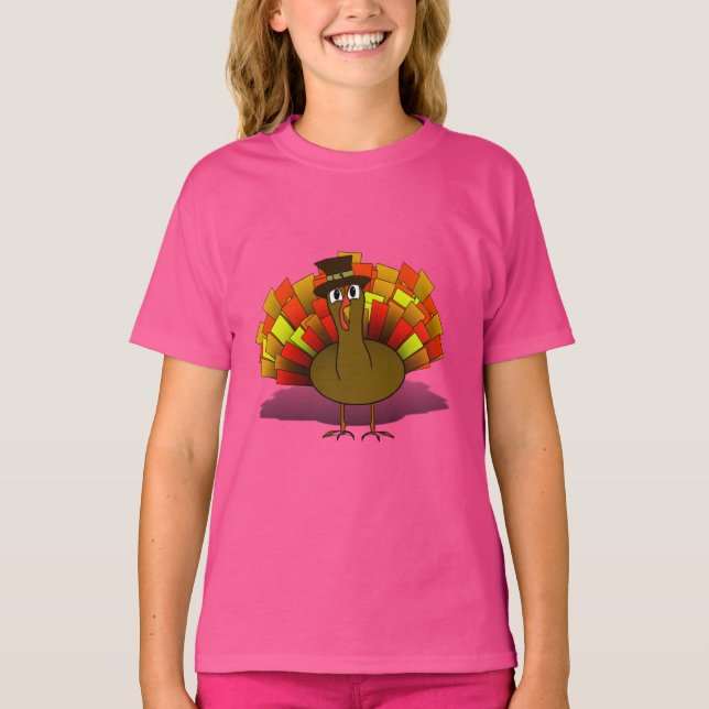 Thanksgivingens Tecknad Turkiet Pilgrim T Shirt (Framsida)