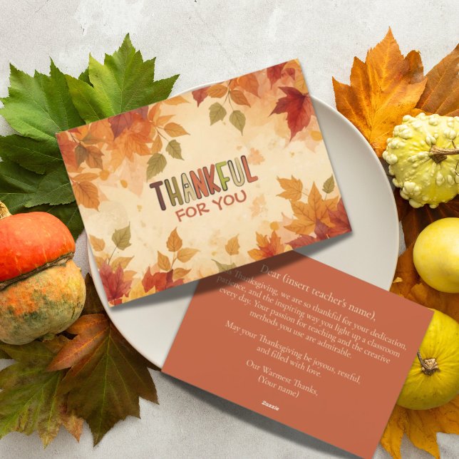 Thanksgivingens uppskattning av lärarnas tacksamhe julkort (Autumn Leaves Teacher Appreciation Gratitude Thanksgiving card. A personal message goes on the back.)
