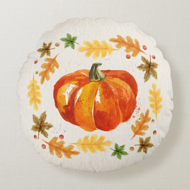 Thanksgivingpumpa lämnar vattenfärger rund kudde (Framsidan)