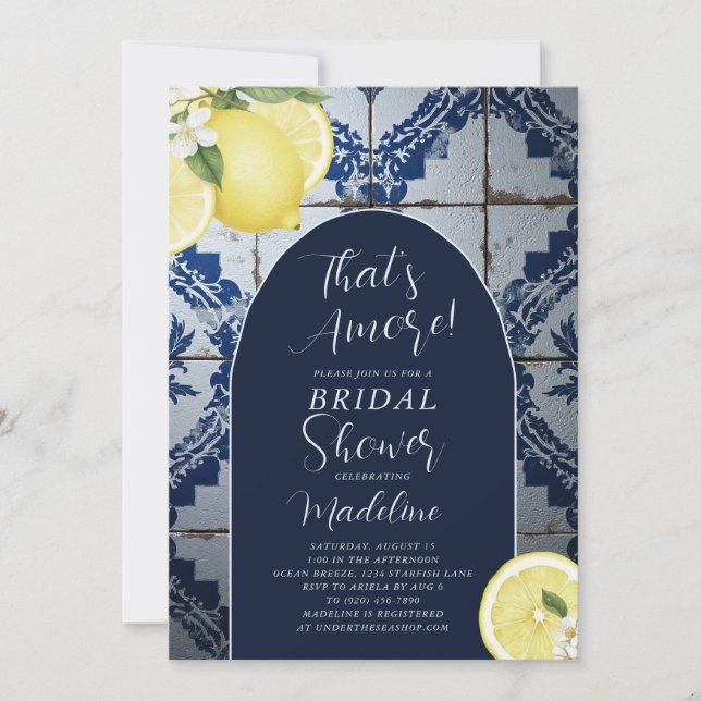 That's Amore Blå Kakel Citron Bröllopsdusch Inbjudningar (Framsida)