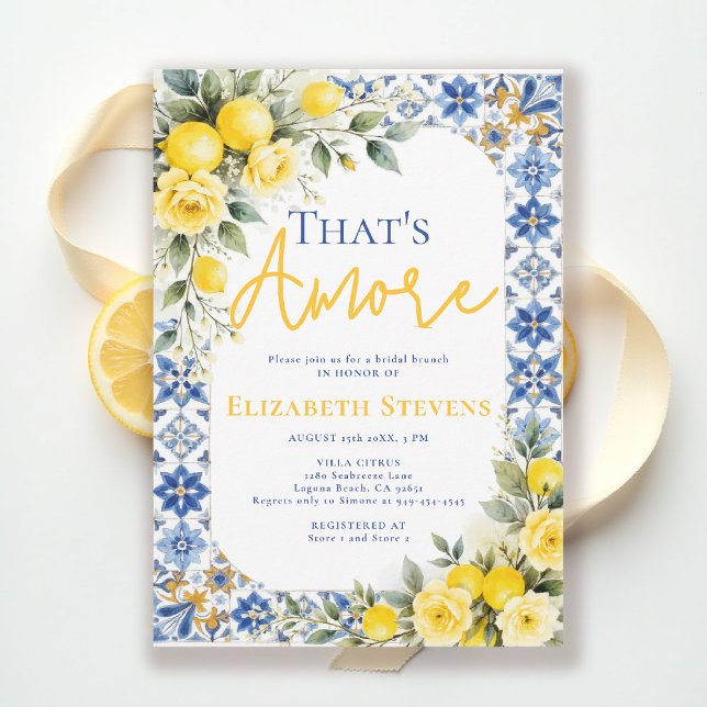 That's Amore Bridal Shower Lemon and Blue Floral Inbjudningar (thats amore bridal shower theme lemon and blue italian summer invitation floral yellow roses)