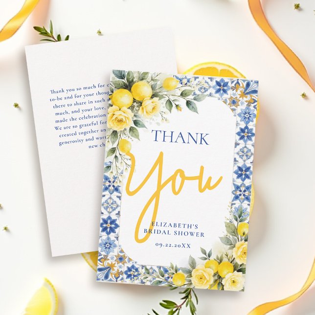 That's Amore Bröllopsdusch Citron och Blå Blommor Tack Kort (thats amore bridal shower theme thank you card italian brunch amalfi summer citrus lemon)