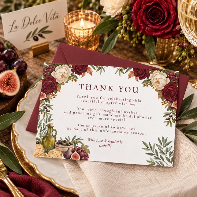 That's Amore Burgundy Oliv Bröllopsdusch  Tack Kort (elegant That's amore burgundy and olive bridal shower thank you card)