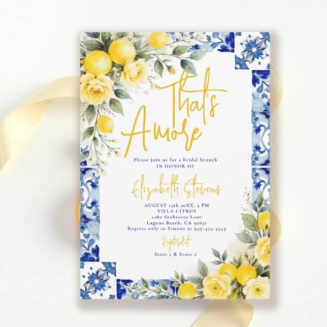 That's Amore Citron och Blå Blommig Bröllopsdusch Inbjudningar (thats amore bridal shower theme lemon and blue italian summer invitation yellow roses floral)
