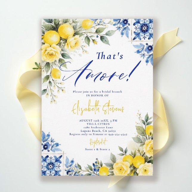 That's Amore Citronblå Ram Rosor Bröllopsdusch Inbjudningar (thats amore bridal shower theme lemon blue tile italian summer invitation yellow roses floral)