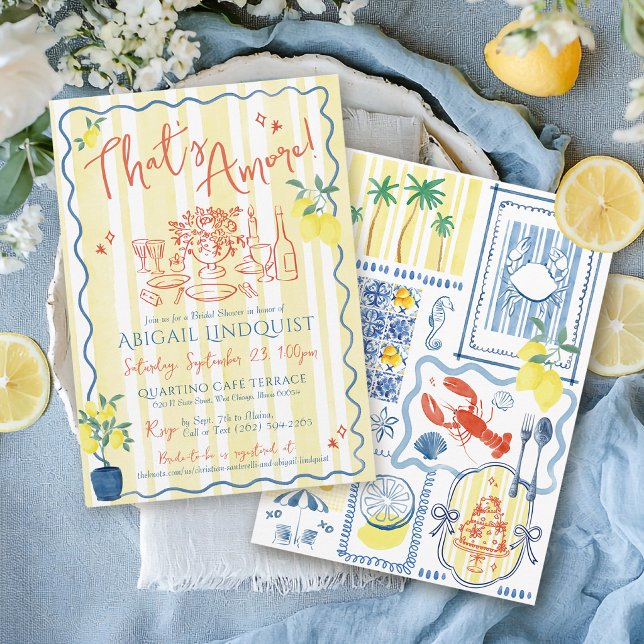 That's Amore Hand Drawn Coastal Bridal Shower Inbjudningar (That's Amore yellow and blue coastal Italian Mediterranean tiles and lemons bridal shower invitation)