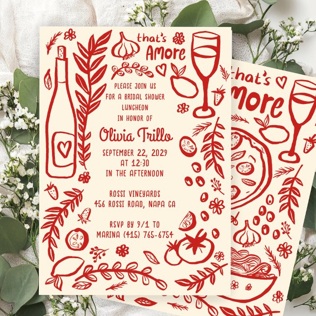 That's Amore Italian Food CUSTOM Bridal SHower  Inbjudningar (That's Amore Italian Food Hand-drawn Doodle CUSTOM Bridal SHower Party Invitation
)