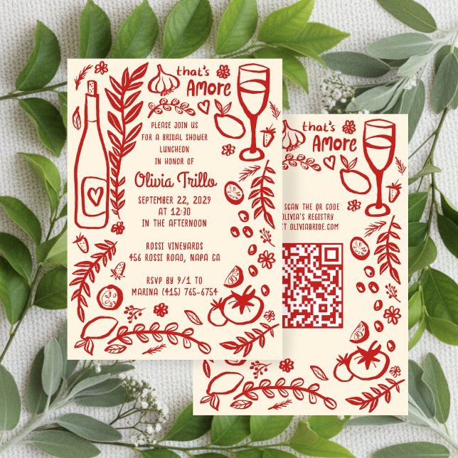 That's Amore Italian Food CUSTOM Bridal Shower QR  Inbjudningar (That's Amore Hand-drawn Doodle Italian Food CUSTOM QR code Bridal Shower Party Invitation
)