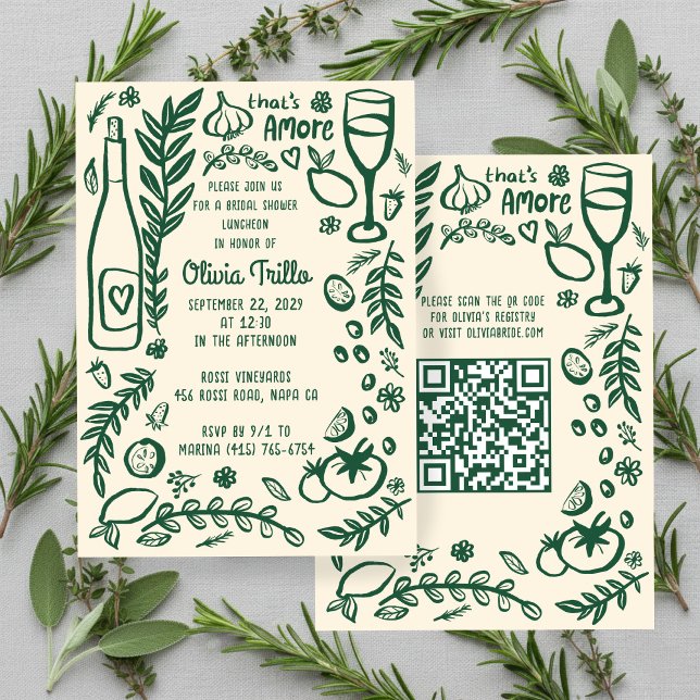 That's Amore Italian Food CUSTOM Bridal Shower QR  Inbjudningar (That's Amore Italian Food Hand-drawn Doodle CUSTOM QR Code Bridal Shower Party Invitation
)