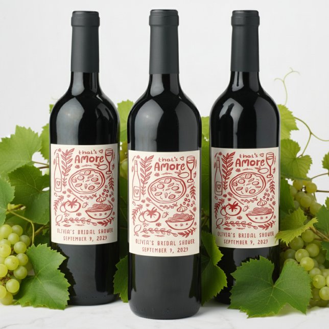 That's Amore Italian Food CUSTOM Bridal Shower Vinflaska Etikett (That's Amore Italian Food Hand-drawn Doodle CUSTOM Bridal Shower Wine Food Label Sticker
)