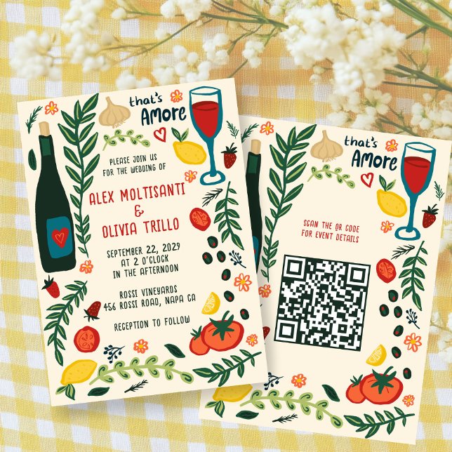 That's Amore Italian Food CUSTOM QR Wedding Party  Inbjudningar (That's Amore Italian Food CUSTOM QR Hand-drawn Charming Wedding Party Invitation
)