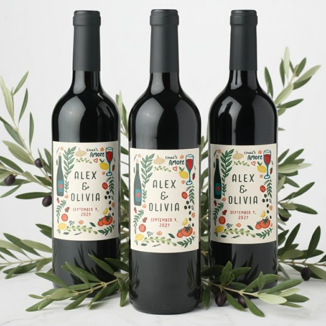That's Amore Italian Food CUSTOM Wedding Favor Vinflaska Etikett (That's Amore Italian Food Hand-drawn CUSTOM Wedding Favors Wine Label Stickers
)