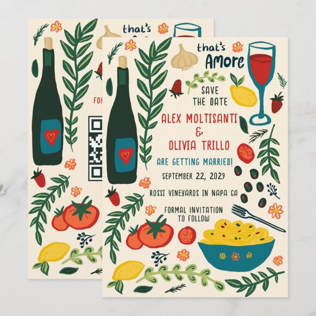 That's Amore Italian Food SAVE THE DATE Custom QR  Inbjudningar (Fram/baksida)