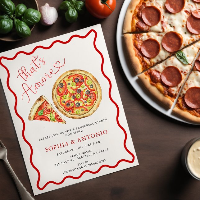 Thats Amore Italiana Pizza Avslappnad Rehearsal Di Inbjudningar (Thats Amore Italian Pizza Casual Rehearsal Dinner Invitation)