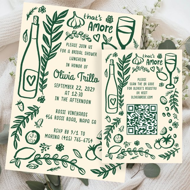 That's Amore Italienska Mat Anpassad Bröllopsdusch Tilläggskort (That's Amore Italian Food Hand-drawn Doodle CUSTOM Bridal Shower Invitation QR Code Enclosure Card
)