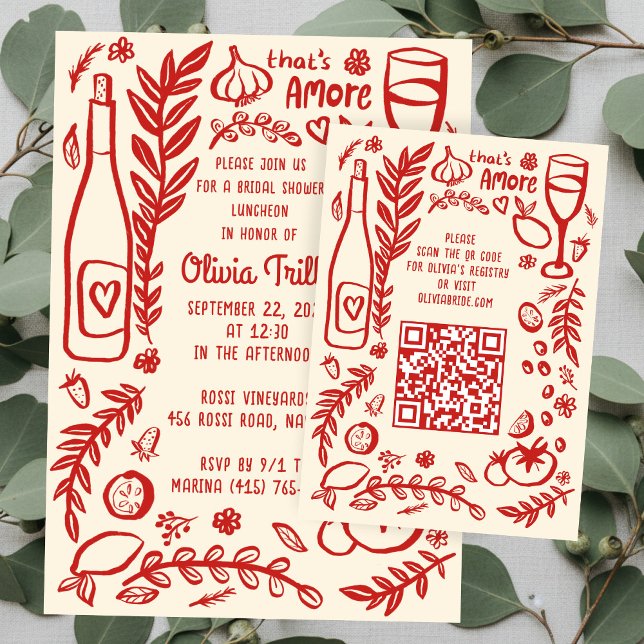 That's Amore Italienska Mat Anpassad Bröllopsdusch Tilläggskort (That's Amore Italian Food Hand-drawn Doodle CUSTOM Bridal Shower Invitation QR Code Enclosure Card
)